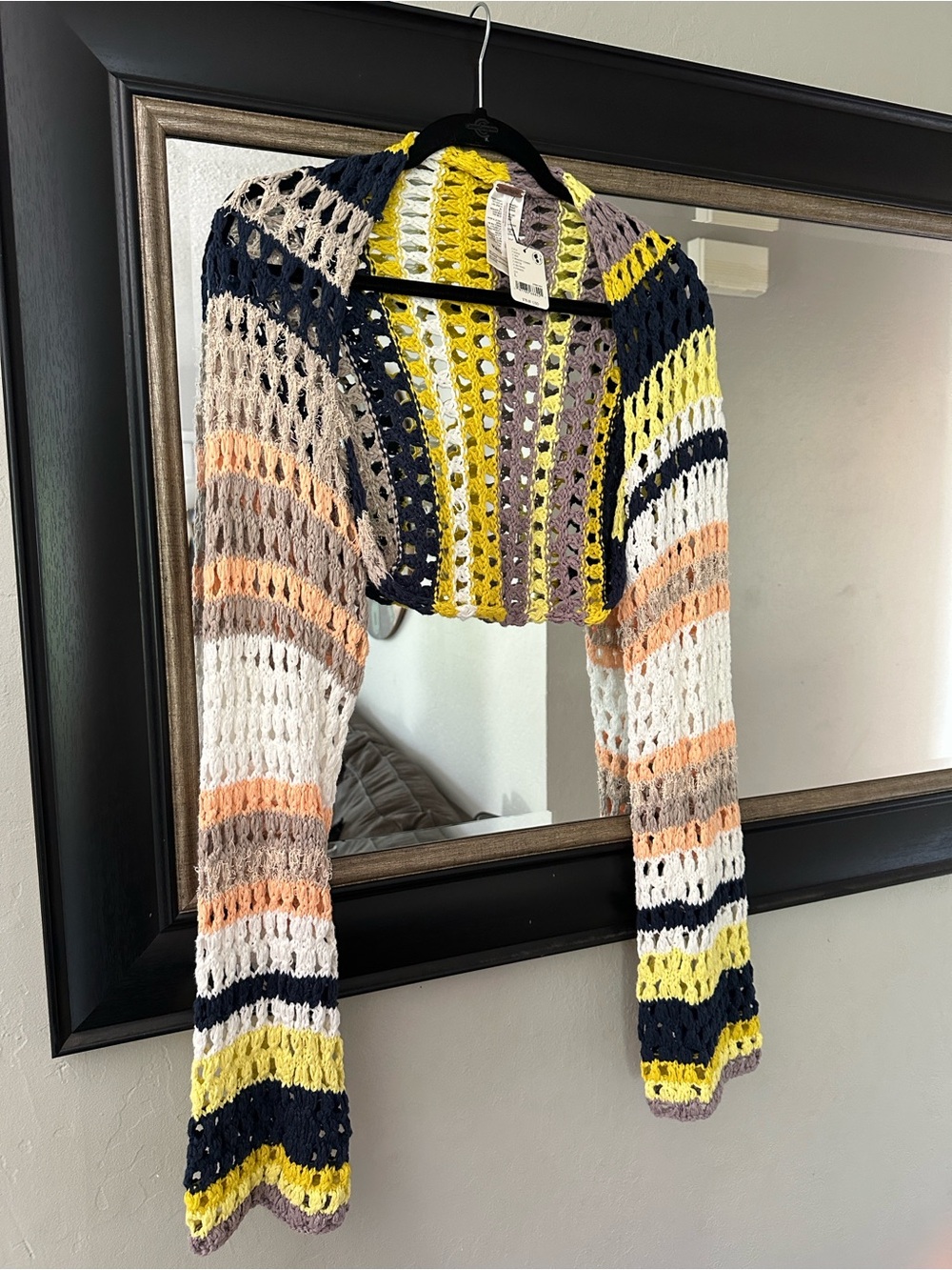 Free People Striped Crochet Bolero Sweater - Yellow/White/Navy | NWT